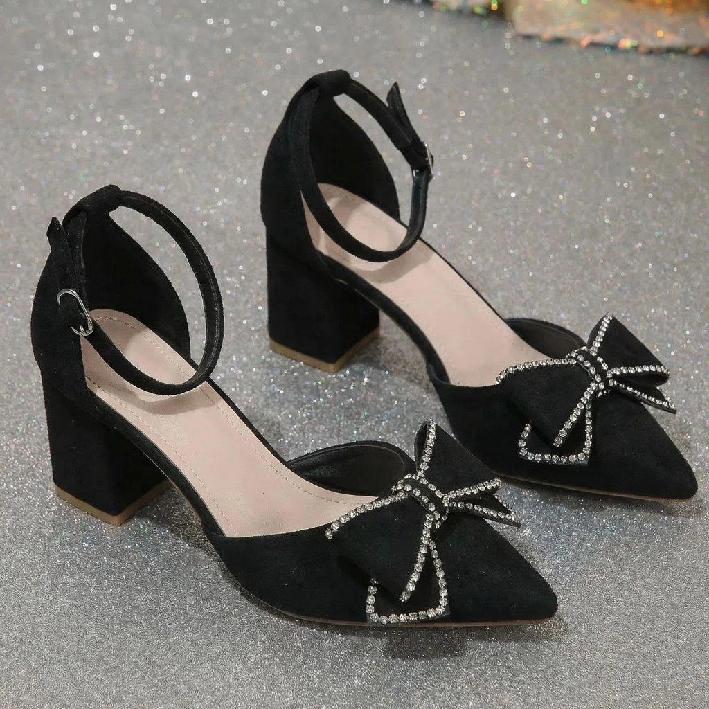 Women’s Bowelle Crystal Pointed Toe Buckle Heels – Hollow Closed Toe Bow High Heels